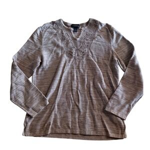 Express Womens Brown Marled Knit Embroidered Split Neck Long Sleeve Top Large